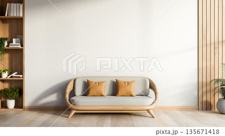 Wooden base sofa with pillow aside white wall on parquet floor in sunlit room of a modern house. 135671418
