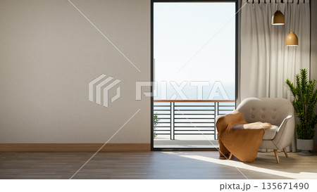 Fabric sofa chair with blanket under lamps and houseplant on wooden floor aside terrace or balcony. 135671490