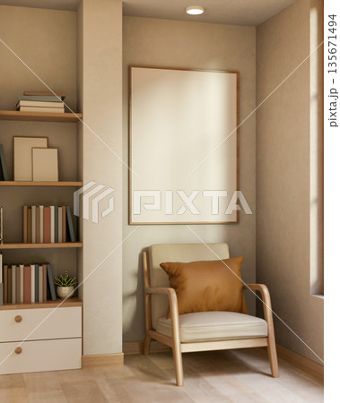 Wooden armchair under empty white frame on wall aside drawer cabinet and bookshelf in a living room. Wooden armchair under empty white frame on wall aside drawer cabinet and bookshelf in a living room. 135671494