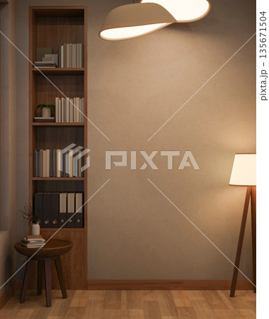 Ceiling light and high floor lamp aside wooden bookshelf and table on parquet floor in a dim room. 135671504