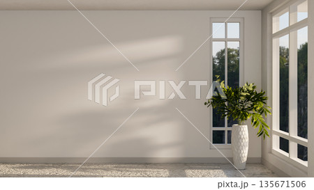 Plant in vase aside window on white wall and marble floor corridor or hallway in a house or building 135671506