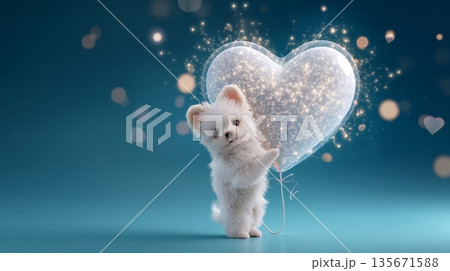 Adorable white puppy holding sparkling heart balloon on blue background Adorable white puppy holding sparkling heart balloon on blue background 135671588