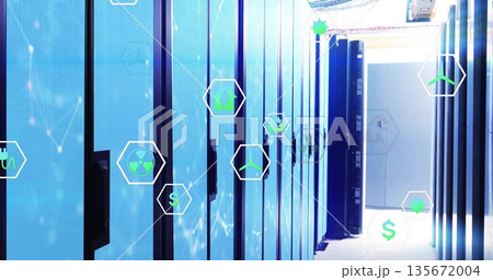 Highlighting blue-lit server racks lining data center aisle, with floating hexagonal digital icons Highlighting blue-lit server racks lining data center aisle, with floating hexagonal digital icons 135672004