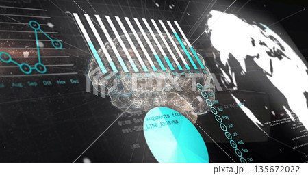 Floating 3D brain rotating in digital interface, with bar and line charts, pie chart, world map Floating 3D brain rotating in digital interface, with bar and line charts, pie chart, world map 135672022