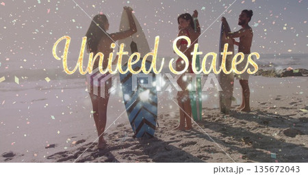 Standing group wearing swimwear holding surfboards on beach at ocean edge, with golden text overlay 135672043