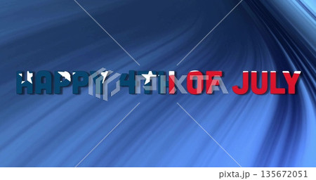 Displaying HAPPY 4TH OF JULY text with American flag pattern on blue swirl at design workspace 135672051
