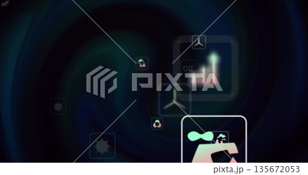 Floating panel showing hand holding leaf-topped house on UI, with multiple eco icons, copy space 135672053