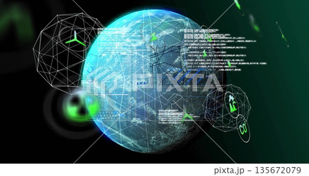 Rotating digital Earth globe in virtual data visualization environment, with code text blocks 135672079