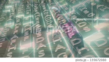 Striding woman wearing glowing suit in neon virtual grid, alphanumeric characters floating 135672080