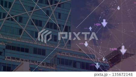 Reflective glass facade dominating cityscape, with steel bracing, rooftop units and data overlay 135672148