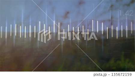 Overlaying digital audio waveform across grassy countryside, with glowing bars and numeric overlays 135672159