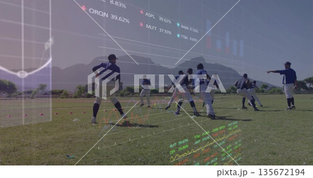 Coaching baseball team practicing fielding on outfield, with gloves, cones, bats, financial charts 135672194