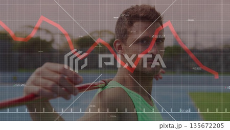 Tennis player in green top standing on tennis court with red racket, chart overlay, copy space 135672205