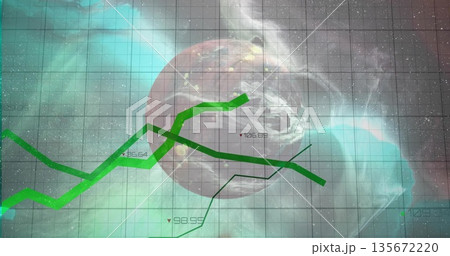 Floating central rocky planet in deep space, with grid overlay, green line charts, numeric labels Floating central rocky planet in deep space, with grid overlay, green line charts, numeric labels 135672220