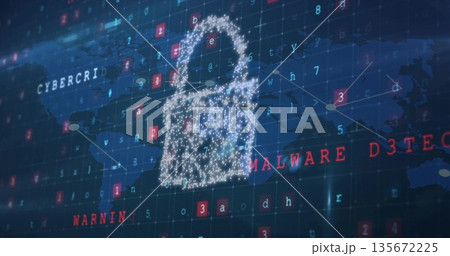 Hovering glowing padlock icon over security interface grid, with map overlay and red warning labels 135672225