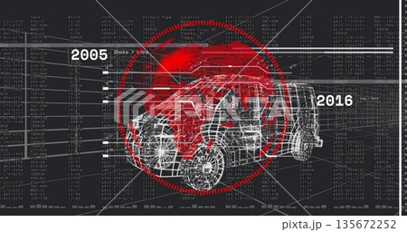 Showing wireframe car model over red world map on dashboard, featuring timeline arrow and data grid Showing wireframe car model over red world map on dashboard, featuring timeline arrow and data grid 135672252