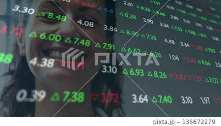 Analyzing woman interacting with digital interface in office, showing stock tickers, copy space 135672279