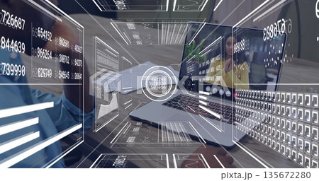 Typing man in business casual shirt using silver laptop at conference table, with interface panels Typing man in business casual shirt using silver laptop at conference table, with interface panels 135672280