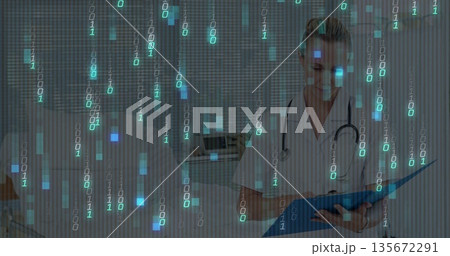 Nurse wearing stethoscope reviewing blue folder in hospital ward with binary overlay, copy space Nurse wearing stethoscope reviewing blue folder in hospital ward with binary overlay, copy space 135672291
