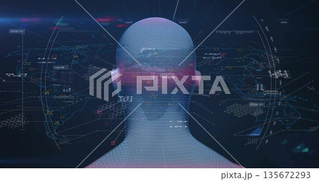 Displaying translucent dot grid head floating in virtual interface, with world map and line graphs Displaying translucent dot grid head floating in virtual interface, with world map and line graphs 135672293