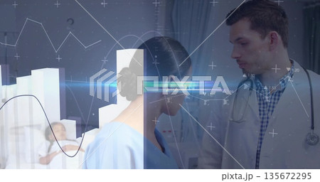 Standing nurse in scrubs watching doctor checking child at bedside with stethoscope, charts Standing nurse in scrubs watching doctor checking child at bedside with stethoscope, charts 135672295