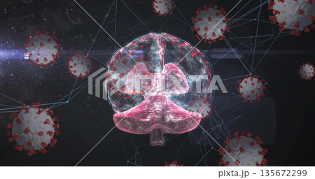 Floating brain hologram linking 3D virus models in virtual space, with neon-blue lines 135672299