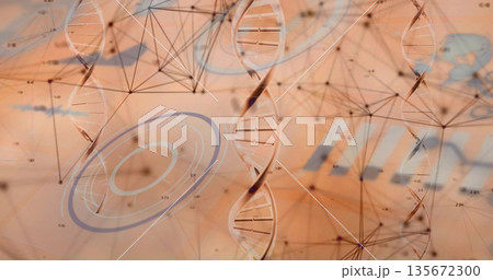 Displaying DNA strands on digital screen with nodes lines circular charts and data annotations 135672300