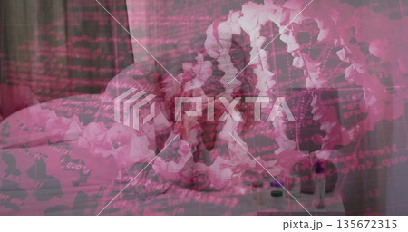 Featuring bed with white ruffled bedding in pink bedroom, with code overlay and heart wreaths 135672315