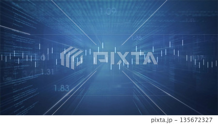 Rendering candlestick chart showing numeric labels in virtual interface with code and light streams 135672327