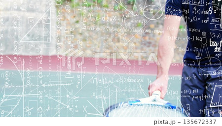 Holding tennis racket, man in navy sportswear posing on tennis court, math overlays, copy space 135672337