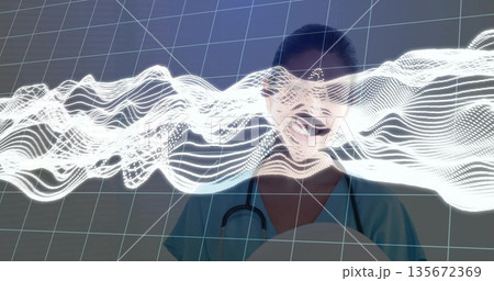 Speaking nurse in scrubs presenting white waveform in AR interface, stethoscope and grid mesh Speaking nurse in scrubs presenting white waveform in AR interface, stethoscope and grid mesh 135672369