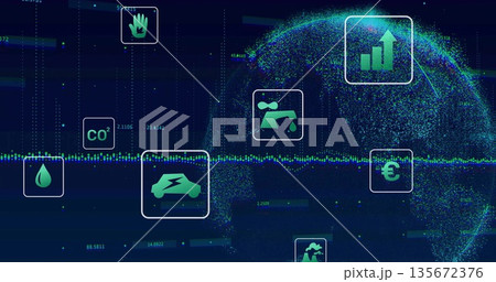 Displaying pixelated globe in blue data visualization, featuring CO? symbol and electric car icon Displaying pixelated globe in blue data visualization, featuring CO? symbol and electric car icon 135672376