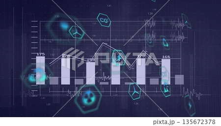 Displaying visuals on virtual dashboard with white bar chart, line graph, teal hex icons, waveforms Displaying visuals on virtual dashboard with white bar chart, line graph, teal hex icons, waveforms 135672378