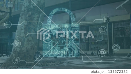 Displaying neon turquoise padlock featuring circuit lines at transit stop, with security icons 135672382