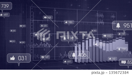 Displaying 3D dashboard forming cube grid in space, with bar chart columns and metric icons 135672384