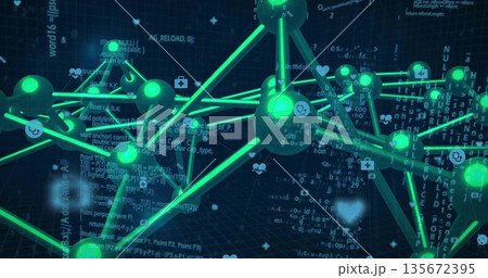 Displaying network connecting green spherical nodes in data network, with code and medical icons Displaying network connecting green spherical nodes in data network, with code and medical icons 135672395