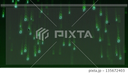 Flowing glowing green binary digits cascading over dark grid backdrop, with digital rain effect Flowing glowing green binary digits cascading over dark grid backdrop, with digital rain effect 135672403