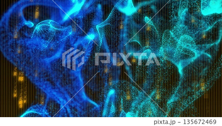 Ribbon of blue particles forming waves in data space, with gold currency symbols and data columns 135672469