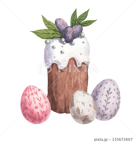 Watercolor illustration of an Easter cake and eggs Watercolor illustration of an Easter cake and eggs 135672607