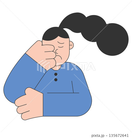 Flat illustration of stressed man covering face with hand, black smoke cloud symbolizing anxiety, burnout and negative thoughts, minimal style for mental health concept. 135672641