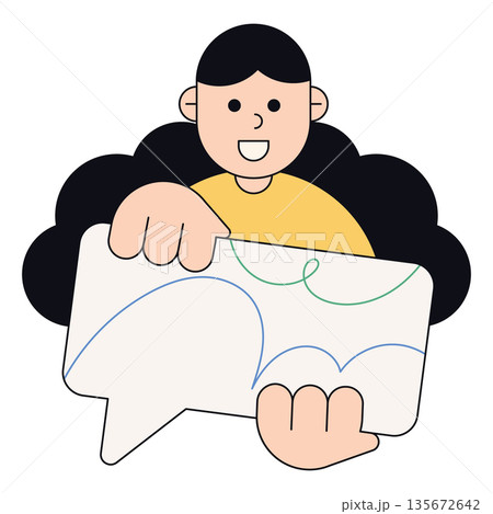 Flat illustration of smiling man holding speech bubble, communication and conversation concept with abstract lines, minimal style for business, chat and social interaction. 135672642