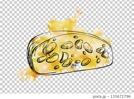 Maasdam cheese rounded slice with visible holes, rustic dairy food illustration, artisanal snack. Hand-drawn in watercolor and ink for menus, recipe layouts, gourmet themes, wine pairing graphics. 135672796