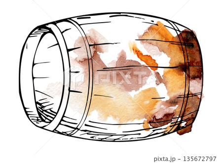 Classic wine or whisky cask, beer keg, heritage vineyard or distillery element. Hand drawn illustration in watercolor and ink for labels, advertising, menus, tasting rooms, educational materials. 135672797