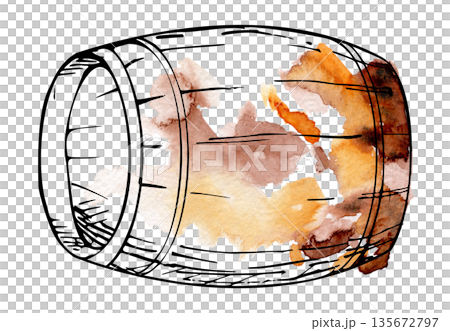 Classic wine or whisky cask, beer keg, heritage vineyard or distillery element. Hand drawn illustration in watercolor and ink for labels, advertising, menus, tasting rooms, educational materials. Classic wine or whisky cask, beer keg, heritage vineyard or distillery element. Hand drawn illustration in watercolor and ink for labels, advertising, menus, tasting rooms, educational materials. 135672797