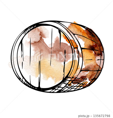 Wooden wine barrel with metal hoops, traditional cellar storage symbol. Hand-drawn illustration in ink and watercolor wash for winery, distillery branding, packaging, tourism design, festival posters Wooden wine barrel with metal hoops, traditional cellar storage symbol. Hand-drawn illustration in ink and watercolor wash for winery, distillery branding, packaging, tourism design, festival posters 135672798