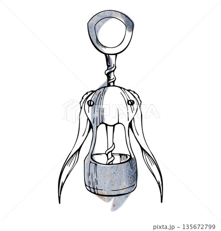 Wing metal chrome corkscrew wine opener, bar or sommelier tool, elegant mechanical design. Hand-drawn illustration in watercolor and ink for restaurant branding, wine events, menus, lifestyle visuals. Wing metal chrome corkscrew wine opener, bar or sommelier tool, elegant mechanical design. Hand-drawn illustration in watercolor and ink for restaurant branding, wine events, menus, lifestyle visuals. 135672799