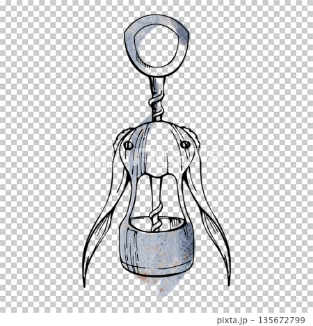 Wing metal chrome corkscrew wine opener, bar or sommelier tool, elegant mechanical design. Hand-drawn illustration in watercolor and ink for restaurant branding, wine events, menus, lifestyle visuals. Wing metal chrome corkscrew wine opener, bar or sommelier tool, elegant mechanical design. Hand-drawn illustration in watercolor and ink for restaurant branding, wine events, menus, lifestyle visuals. 135672799