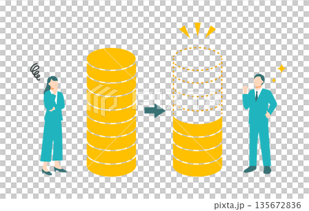 Illustration of a woman who is troubled by high costs and a man who is happy to have costs cut. Flat design Illustration of a woman who is troubled by high costs and a man who is happy to have costs cut. Flat design 135672836