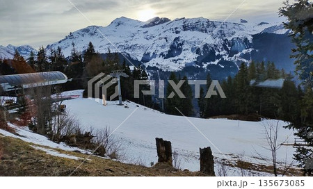 Interlaken,  Switzerland - March 18 2023: Surrounding View of Mountanious Interlaken 135673085