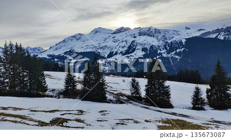 Interlaken,  Switzerland - March 18 2023: Surrounding View of Mountanious Interlaken 135673087